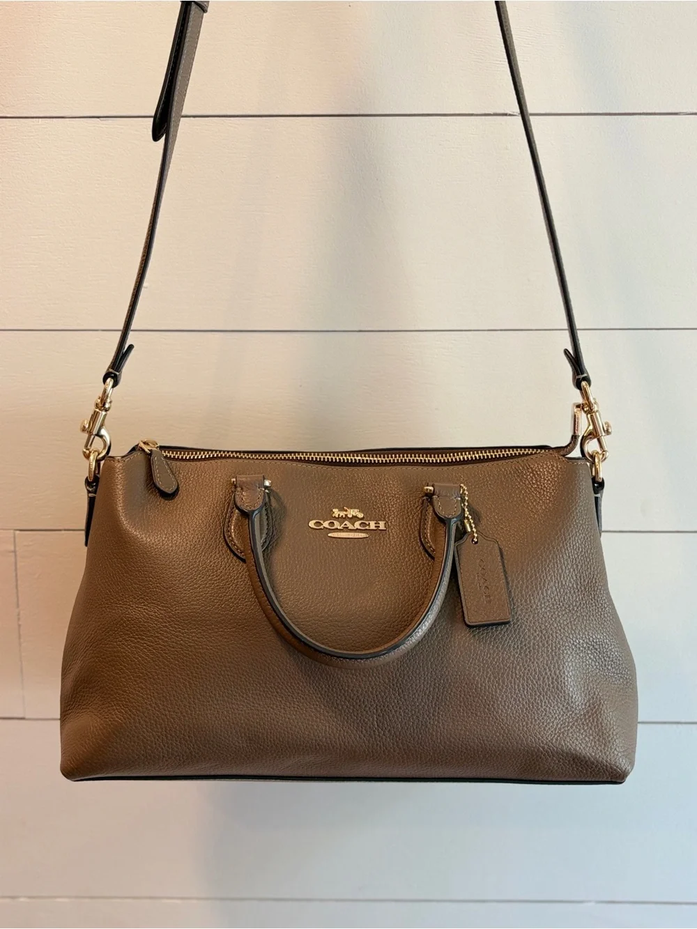 COACH Brown Pebbled Leather Convertible Crossbody Satchel with Gold Hardware